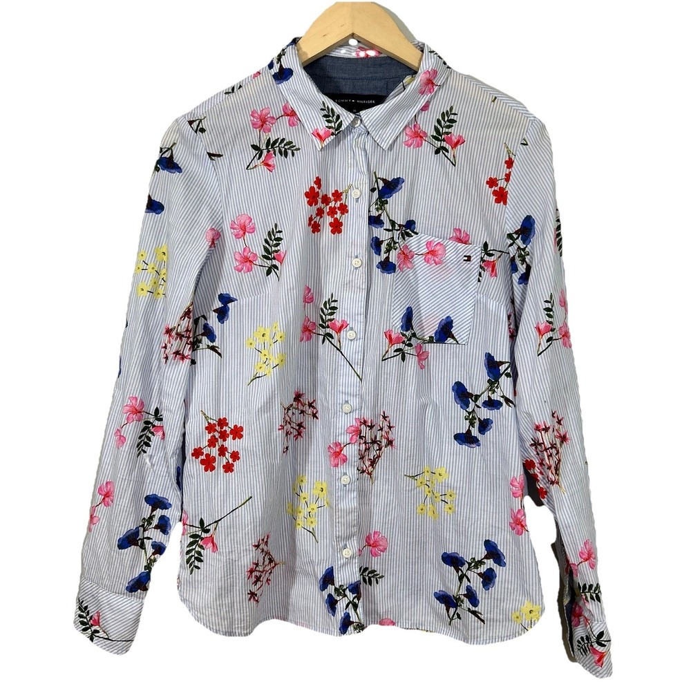Tommy Hilfiger Button Down Blouse Women's Medium  Striped Floral Roll Tab Sleeve